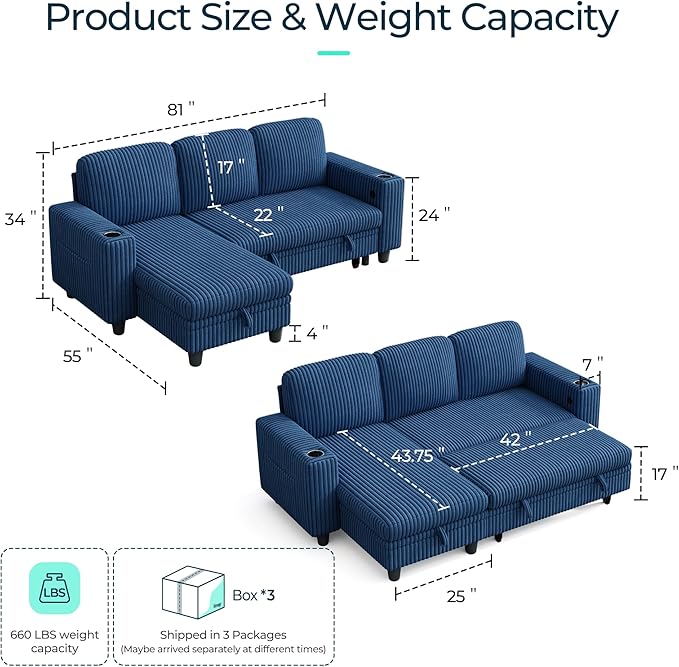 LINSY HOME Sectional Sleeper Sofa with Pull Out Couch Bed - Convertible Plush Corduroy Cloud Couch with Storage Chaise & USB Charging, Comfy L Shaped Modular Couches for Living Room Apartment, Blue-Ruum Studio Home