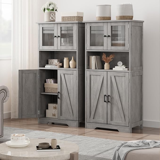 GarveeHome 54in Tall Bathroom Cabinet, Farmhouse Storage Cabinet with Glass Doors and Adjustable Shelves, Freestanding Kitchen Pantry Cabinets, Cupboard for Living Room, Dining Room, Gray-Ruum Studio Home