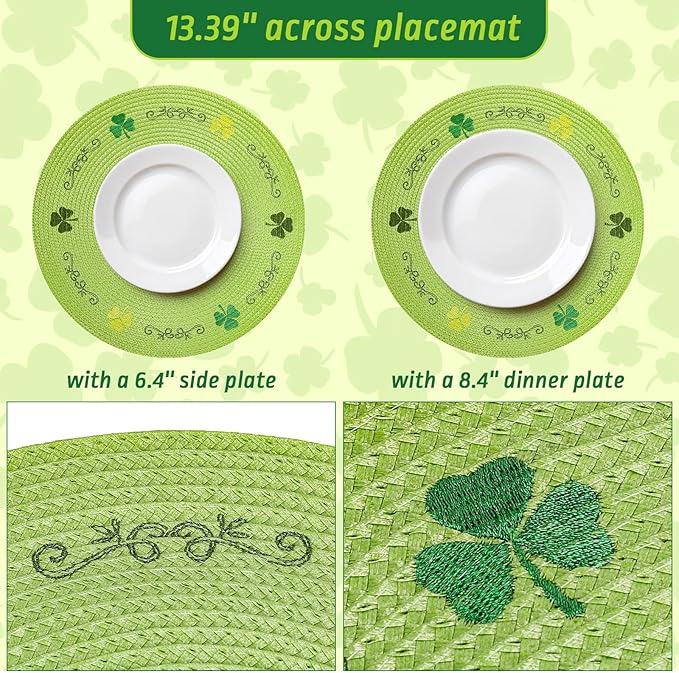 Whaline 4Pcs Round St. Patrick's Day Placemats Embroidered Shamrock Place Mats Green Clover Dinner Table Mats for Home Spring Irish Holiday Birthday Party Decor-Ruum Studio Home