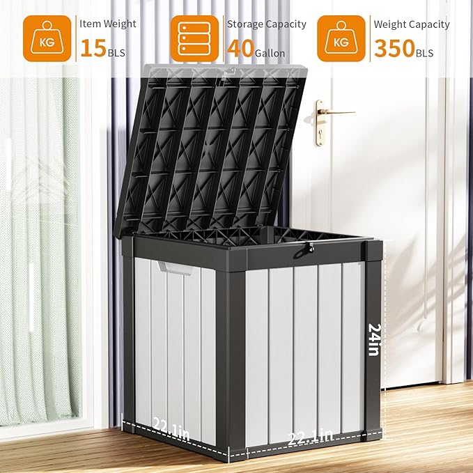 40 Gallon Resin Deck Box, Lockable Patio Outdoor Storage Box for Furniture, Garden Tools and Tools Storage, Waterproof Outside Storage Boxes - Black&White-Ruum Studio Home