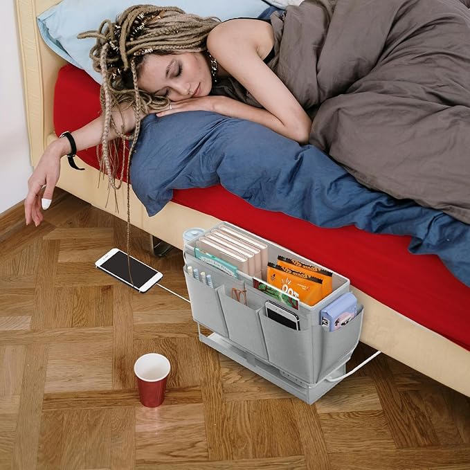 Bedside Caddy, Bed Organizer with 11 Pockets and Power Strip Holder,Versatile Bedside Storage Caddy for Home,Dorm,Bunk,Hospital,Crib Bed (Grey)-Ruum Studio Home