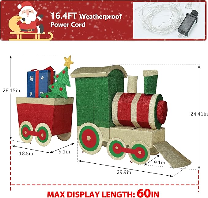 5FT Light-Up Christmas Train Decor with 170 LED Lights, 3D Pre-Lit Train Set with Gift Box and Christmas Tree for Xmas Decoration, Freestanding Glittered Holiday Display for Outdoor, Indoor-Ruum Studio Home