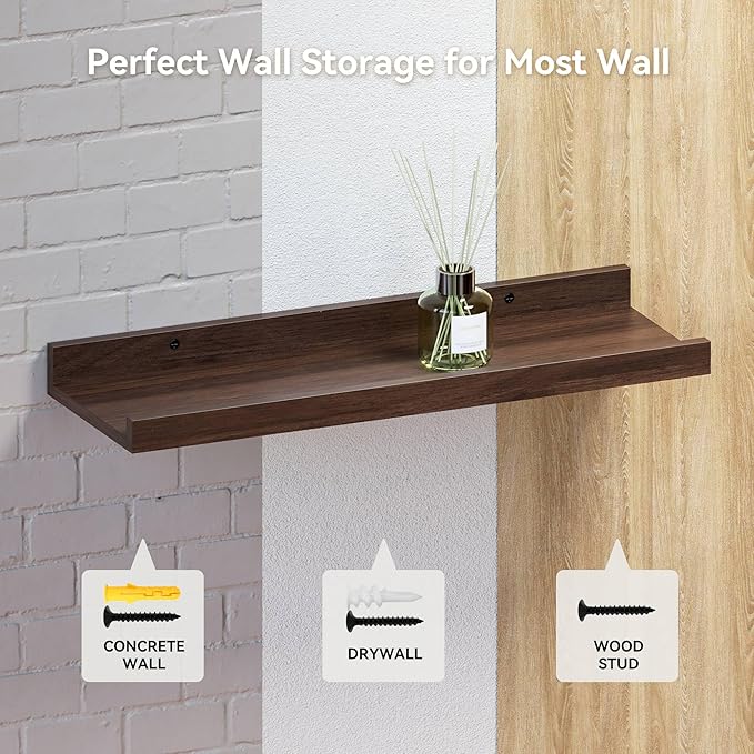 RICHER HOUSE 5 Set Floating Shelves for Wall Decor, Wall Mounted Book Shelf, Nursery Shelves Picture Ledge Shelf with Lip for Wall Storage, Bedroom, Living Room, Bathroom - Walnut-Ruum Studio Home