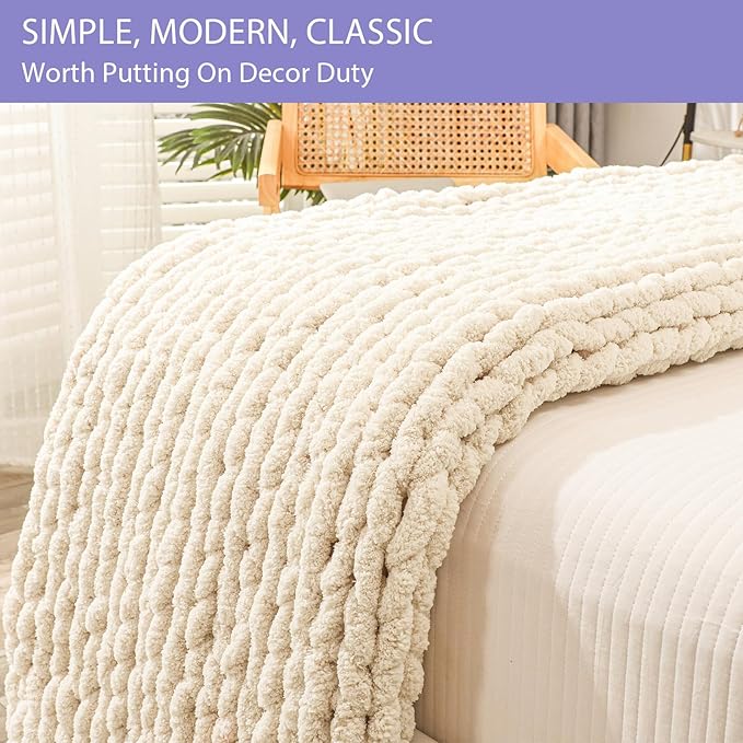 Bigacogo Chunky Knit Throw Blanket for Couch, 60x80 inches, 100% Hand Knitted with Thick Jumbo Chenille Yarn, Cozy Soft Large Rope Knot Cable Crochet Blankets for Sofa Bed Living Room, Beige-Ruum Studio Home