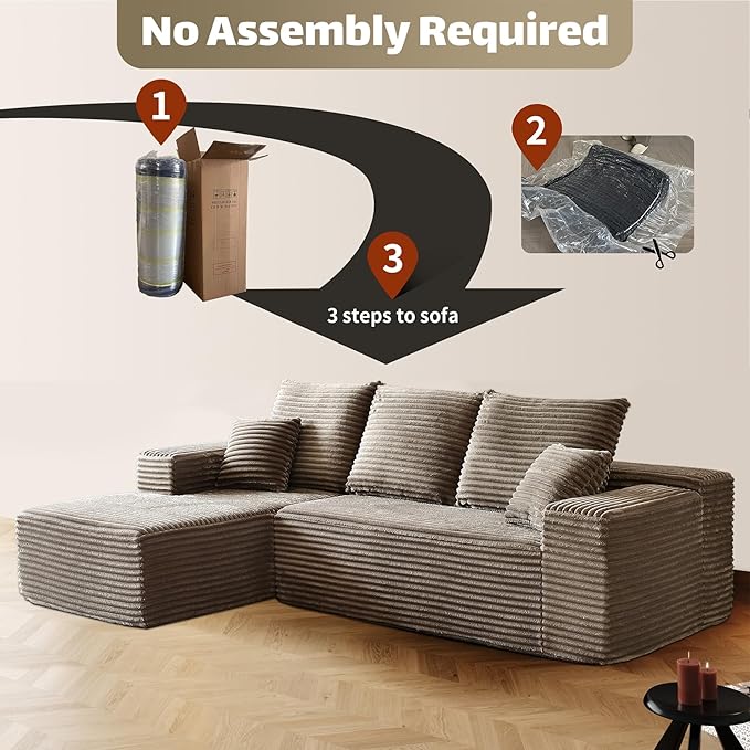 HYJT-H&K Modular Sectional Sofa Cloud Couch, 107" Comfy L Shaped Sectional Couches for Living Room, Deep Seat Memory Foam Plush Fluffy Corduroy Boneless Couch Sectionals Left Facing Sofa Chaise Brown-Ruum Studio Home