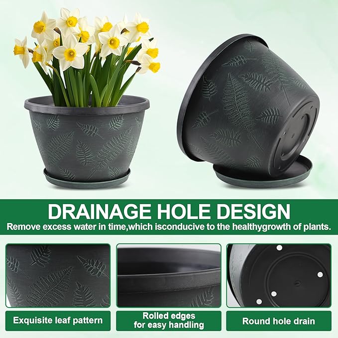 11 inch Plant Pot Set of 3, Plastic Flower Pots with Drainage Hole & Tray, Decorative Round Planters for Indoor Plants, Modern Outdoor Home Flowers Plants Garden Pots (Green)-Ruum Studio Home