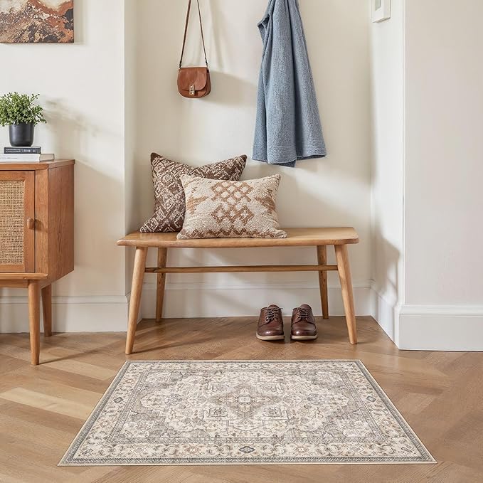 Washable Area Rugs for Living Room -2x3 Neutral Vintage Distressed Floral Farmhouse Boho Large Soft Floor Rug Indoor Non Slip Carpet for Bedroom Dining Room Office - Brown/Multi-Ruum Studio Home
