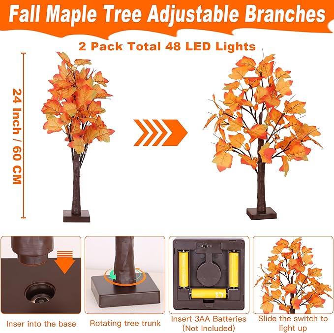 2 Pack 24 Inch Prelit Fall Maple Tree Fall Decor with 48 LED Timer Battery Operated Artificial Fall Light Up Tree Pumpkin Maple Acorn for Fall Thanksgiving Decorations Table Home Indoor Autumn Harvest-Ruum Studio Home