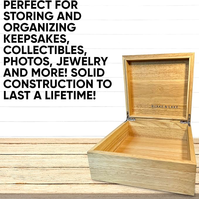 Blake & Lake Wooden Eco Box with Hinged Lid - Solid Oak Wood Storage Box with Lid - Wooden Keepsake Box - Decorative wooden boxes with lids for Keepsakes (Oak)-Ruum Studio Home