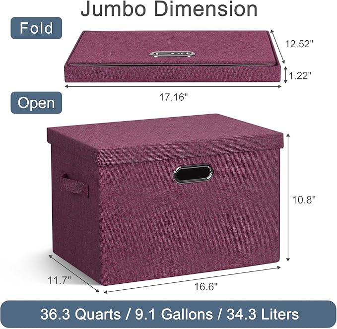 Large 17" 36 Quart Collapsible Stackable Storage Bins with Lids, 3 Packs Purple Linen Fabric Closet Boxes with Lids, Storage Cube Baskets Container Organizers for Bedroom Office (17x12x11)-Ruum Studio Home
