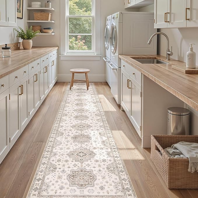 Washable 2.6x12 Runner Rug - Area Rugs Neutral Vintage Distressed Floral Farmhouse Boho Large Soft Floor Rug Indoor Carpet for Hallway Entryway Kitchen Home - Beige Brown-Ruum Studio Home