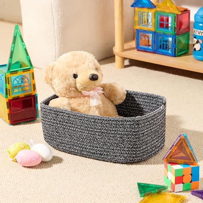 Small Storage Baskets for Organizing | Closet Organizer Bins | Shelf Toy Basket | Woven Rope Baskets | Cube Decorative Box | Shallow Basket | 11.5x7.5x4.7” | 4 Packs Dark Gray-Ruum Studio Home