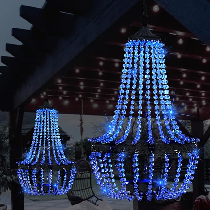 Hanging Solar Chandelier Outdoor, 30 Blue Lights Acrylic Clear Beaded Chandelier with S Hooks Modern Lantern for Garden Yard Patio Gazebo Decorations, 28”H-Ruum Studio Home