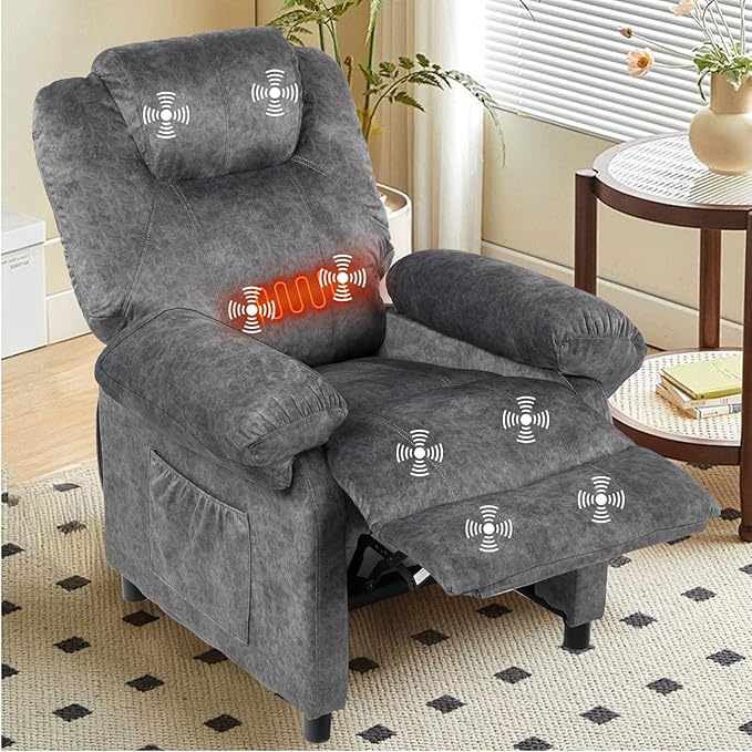 KCREAM Massage Recliner Chair with Heating,Overstuffed Fabric Reclining Chairs for Living Room,Small Recliner Manual Reclining Single Sofa Recliners Lounge Chair,Grey-Ruum Studio Home