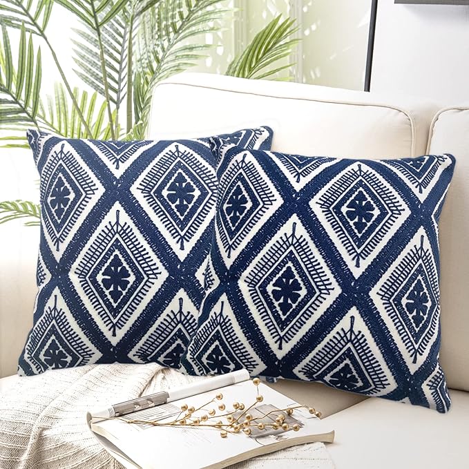 Alysheer Embroidered Decorative Throw Pillow Covers 18x18 inches Set of 2 Pieces, Boho Geometric Modern Chic Classic Pattern Cotton Cushion Cases for Sofa Couch Bed Living Room(Navy Blue)-Ruum Studio Home