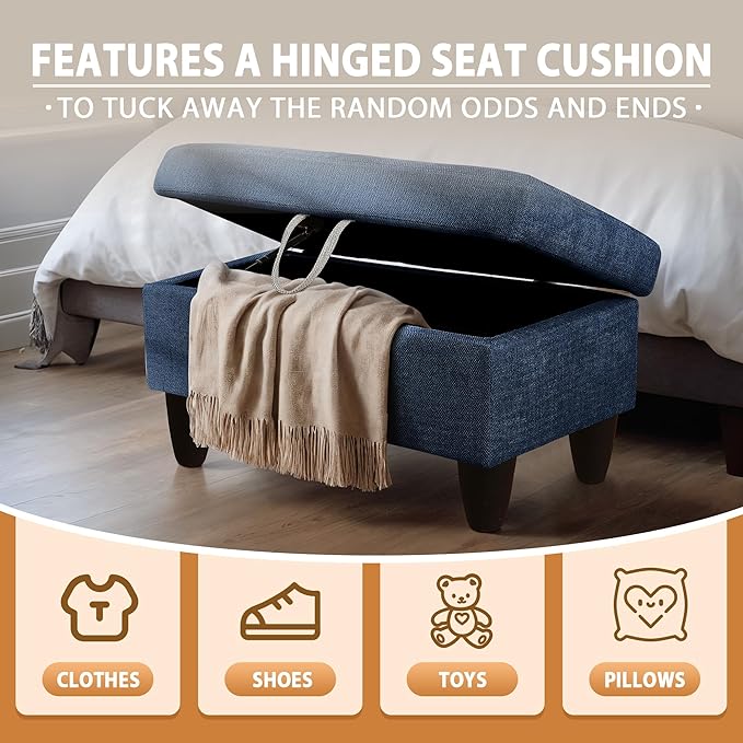 Ottoman Rectangular Storage Ottoman Bench, Flannel Footrest Stool Footstool with Lid for Living Room, Bedroom, Entryway, Blue, 28.5"x19"x17.5"-Ruum Studio Home