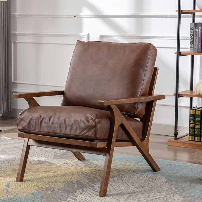 Wahson Brown Leather Accent Chair Mid Century Modern Chair, Retro Upholstered Armchair with Wood Frame and Removable PU Cushions, Large Compfy Leisure Slipper Chair for Living Room/Bedroom-Ruum Studio Home