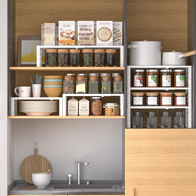 Expandable,Adjustable & Stackable Spice Rack, Cabinet Kitchen Countertop Shelf Organizer,Metal Pantry Storage Shelves - Space-Saving Storage Solution(1Pack/White/Large)-Ruum Studio Home
