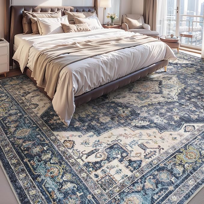 AMOAMI-Area Rug 5X7 Rugs for Living Room-Vintage Soft Blue Rugs for Bedroom-Non Slip Carpet-Machine Washable Rug for Dining Room Living Room Bedroom Office Under Table-Ruum Studio Home