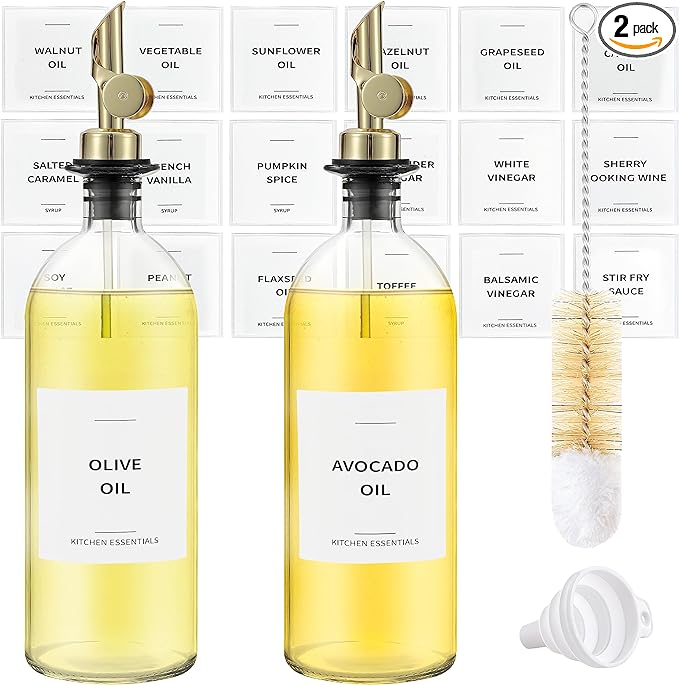 Olive Oil Dispenser Bottle - Includes 55 Kitchen Essential Labels - Cooking Oil Bottles for Kitchen, Coffee Syrup Dispenser - Pourer Spout with 16.9 fl oz Glass Container Cruet - 2pcs, Gold-Ruum Studio Home
