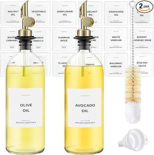 Olive Oil Dispenser Bottle - Includes 55 Kitchen Essential Labels - Cooking Oil Bottles for Kitchen, Coffee Syrup Dispenser - Pourer Spout with 16.9 fl oz Glass Container Cruet - 2pcs, Gold-Ruum Studio Home