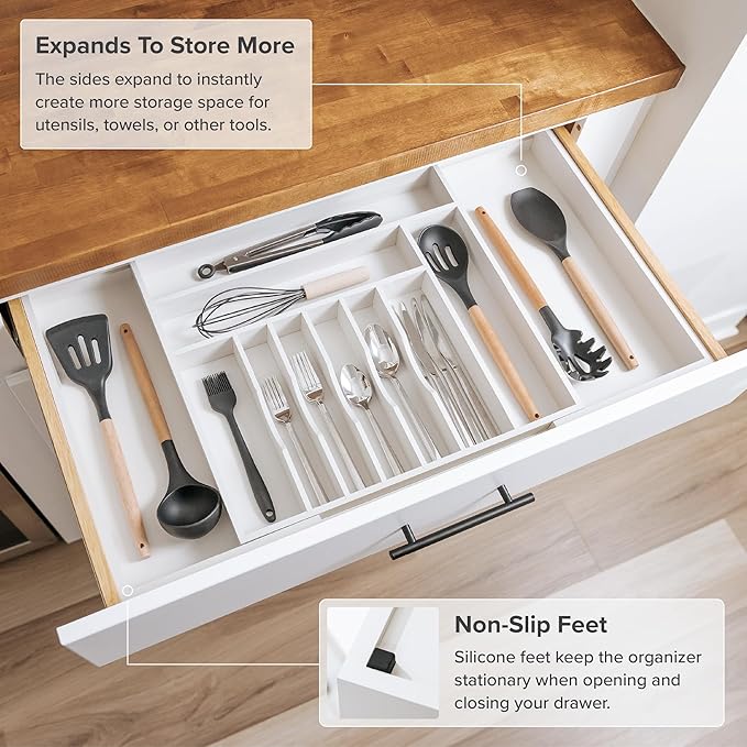 Premium Silverware, Flatware and Utensil Organizer for Kitchen Drawers, Food-Safe Contract Grade, Expandable from 18 to 33 In, White Bamboo-Ruum Studio Home