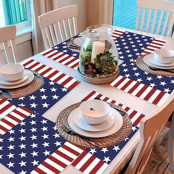 Memorial Day Placemats Set of 6 Patriotic Freedom Stars Place mats Veterans Day 4th of July Plastic Table Mats American Flag Holiday Washable Table Placemats for Party Dining-Ruum Studio Home