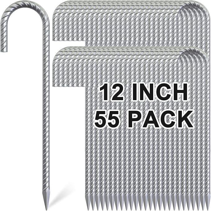 Rebar Stakes 12 Inch, 55 Pack Galvanized Metal Tent Stakes Heavy Duty Ground Stakes, J Hook Steel Fence Stakes for Ground, Outdoor Decoration, Wire Fencing, Gardening-Ruum Studio Home