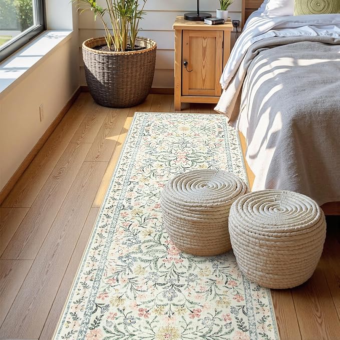 Wonnitar Washable Rug Runner 2'6''x8', Boho Floral Hallway Runner Rug 8ft Long Carpet for Bedroom, Soft Non Slip Ultra-Thin Beige Carpets for Bathroom Kitchen Bedside-Ruum Studio Home