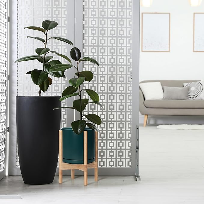 D'vine Dev Ceramic Planter with Natural Stand - 10 Inch Modern Round Flower Pot with Wood Planter Holder, Teal, 55-B-K-4-Ruum Studio Home