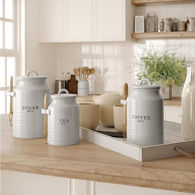 Barnyard Designs Canister Set for Kitchen Counter, Coffee Tea Sugar Container Ceramic Set, Decorative Canisters, Rustic Farmhouse Canister Jars, White (Coffee/Sugar/Tea)-Ruum Studio Home