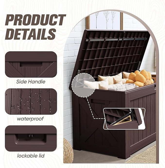 JUMMICO 120 Gallon Resin Deck Box, Large Outdoor Storage Box Waterproof & Lockable for Garden, Patio, Pools (Deep Brown)-Ruum Studio Home