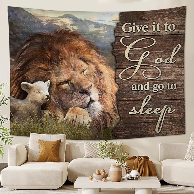 yowecso Lion and Lamb Tapestry Give It To God And Go To Sleep Tapestry Wall Hanging for Bedroom Christian Religious Tapestries Aesthetic Wall Decor for Home Dorm Living Room 50"x60"-Ruum Studio Home