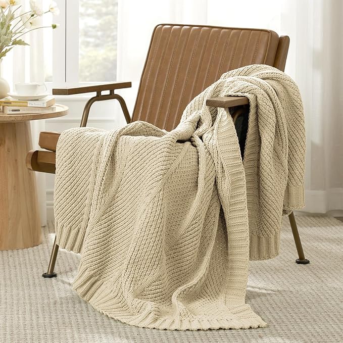 Amélie Home Chenille Knit Throw Blanket for Couch, Chevron Texture Decorative Soft Blanket for Sofa, Bed & Chair, 60"x80", Beige-Ruum Studio Home