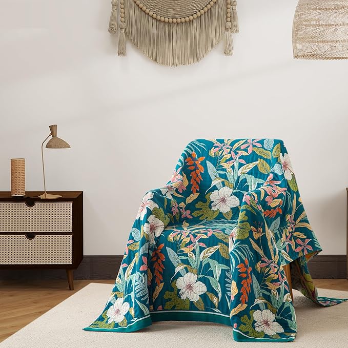 Boho Throw Blanket Full Size, Extra Large Soft Cozy Cotton Muslin Quilt Blanket for Bed Decor, Floral Patterned Couch Sofa Chair Cover, Vintage Farmhouse Cottage Woven Blanket, Teal&Green-Ruum Studio Home