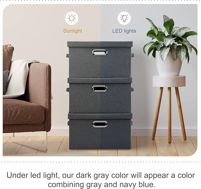 Medium 15" 21 Quart Collapsible Stackable Storage Bins with Lids, 3 Packs Dark Grey Foldable Fabric Closet Boxes Heavy-duty Linen Cube Baskets Container for Bedroom Office (15 x 11 x 8)-Ruum Studio Home