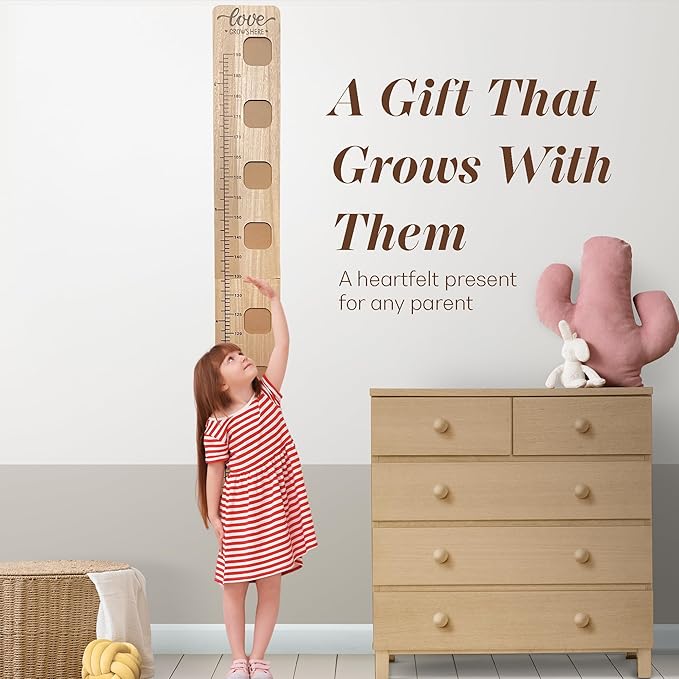 Wooden Growth Chart for Wall - Foldable Height Chart for Kids with Picture Slots - Milestone Tracker Measuring Board with Mounting Hooks - Easy Installation, Smooth Finish, Neutral Color-Ruum Studio Home