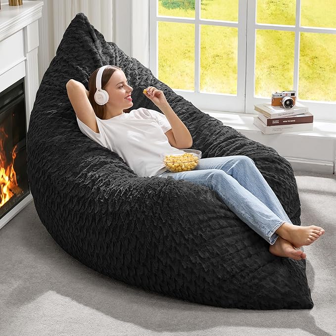 Hobestluk 3 in 1 Bean Bag Chair Giant Bean Bag Chairs for Adults with Chevron Plush Fur Cover Convertible Bean Bag Floor Cushion with Machine Washable Cover for Living Room (Chevron Plush Black)-Ruum Studio Home