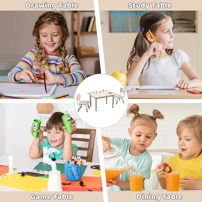 Kids Table and 2 Chairs Set, Height Adjustable (17.7"-26.1") Toddler Table and Chair Set, Multi-Activity Table with Graffiti Desktop, Children’s Table and Chairs for Classroom, Home & Daycare-Ruum Studio Home