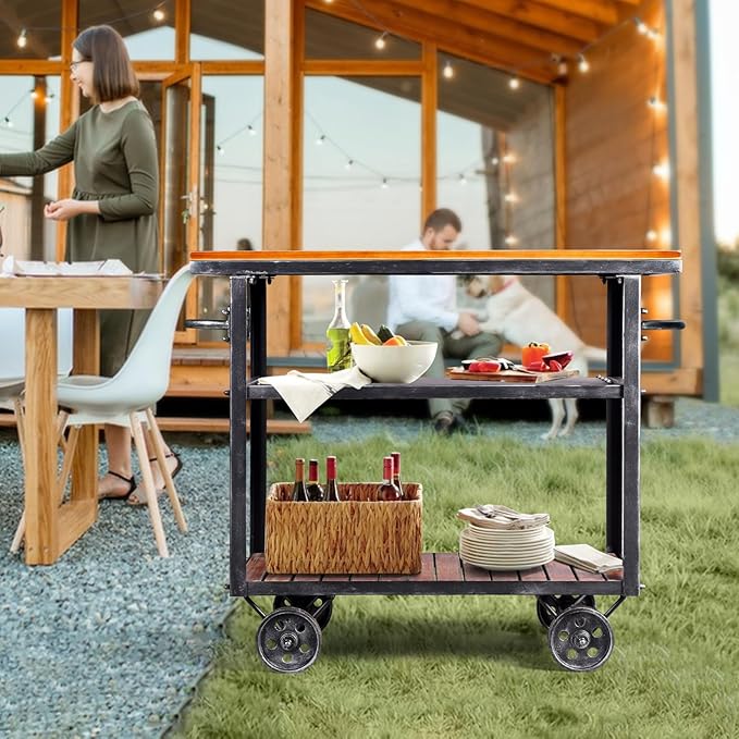 Diwhy Industrial 3 Tier Rolling Utility Storage Cart Wine Beverage, Metal Wine Rack with Wheels Kitchen Bar Dining Room Tea Wine, Storage Cart with Wood-Ruum Studio Home