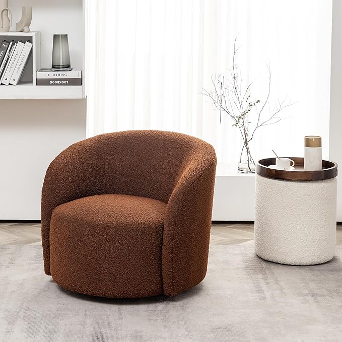 KINWELL 34" Boucle Swivel Barrel Chair with 18" Round Ottoman Set, Fully Assembled Set of Sherpa Accent Chair and Footrest, Modern Comfy Armchair and Footstool for Living Room and Bedroom, Brown-Ruum Studio Home