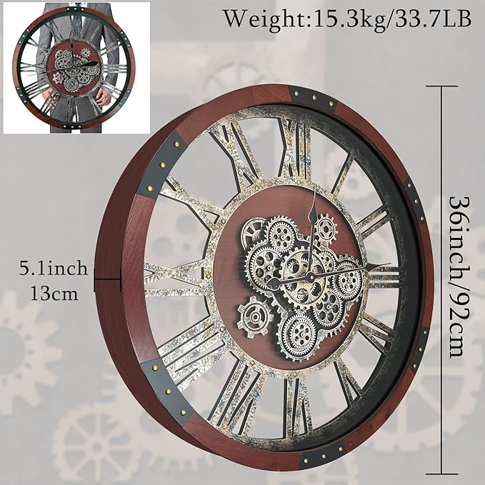 36 Inch Moving Gear Wall Clock, Oversized Wall Clocks, Clock Living Room Decor, Solid Wood Frame, Battery Operated, Large Wall Clock with Industrial for Fireplace(Black Walnut)-Ruum Studio Home