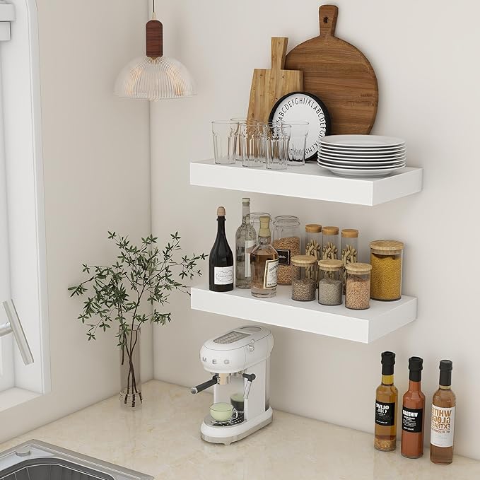 Deep Floating Shelves, 24''W x 12''D Floating Shelves White Set of 2, 12 Inch Deep Large Wood Shelves for Books Living Room Bathroom Laundry Room Bedroom Kitchen Home Office - White-Ruum Studio Home
