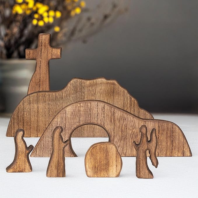 NEROSUN Empty Tomb Easter Scene and Cross Decoration, Wooden Easter Resurrection Scene Cross Jesus Tomb Tray Set, Jesus Nativity Scene Decor for Religious Home Office Tabletop Christian Gifts-Ruum Studio Home