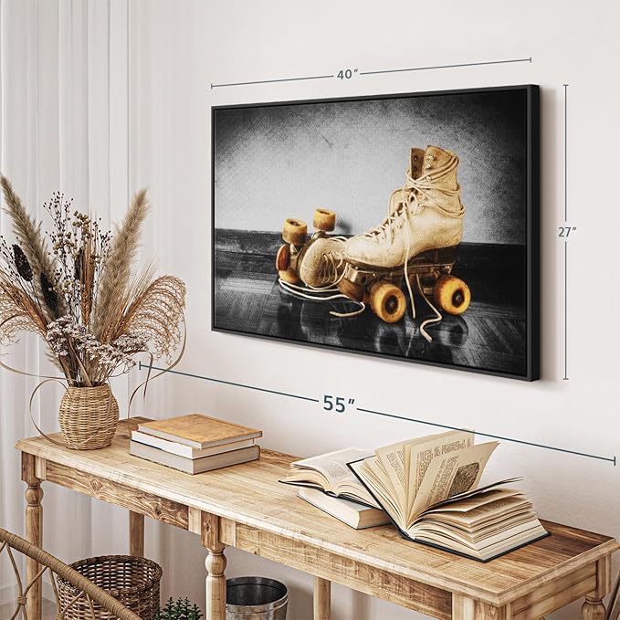 ElephantStock Vintage Skates Pop Wall Art - Horizontal Framed Canvas - 1-Piece Living Room Wall Decor - Sport Photography Canvas Print - Beige and Black Decor for Wall - 40" X 27"-Ruum Studio Home