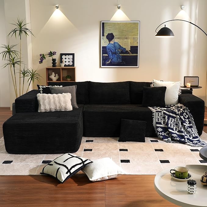 ovios 104" Cloud Sectional Couch with L-Shape Chaise,Modern Modular Sofa with Deep Seat, Upholstered Couches for Living Room Bedroom,No Assembly Required, Black (Corduroy Fabric)-Ruum Studio Home