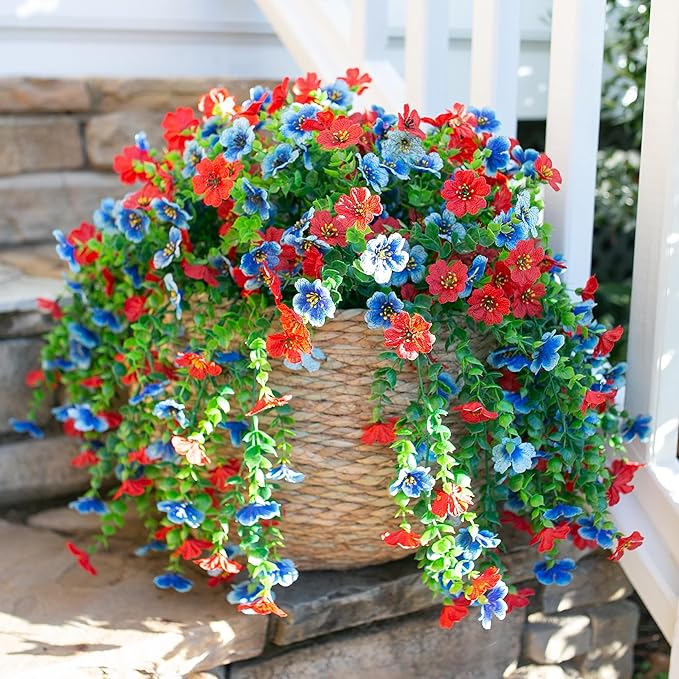 INSPRING Artificial Faux Hanging Flowers Plants for Spring Outdoor Outside Decoration, 2 PCS Fake Silk Daisy with Eucalyptus UV Resistant Realistic Trailing Vines for Balcony Patio Porch (BlueRed)-Ruum Studio Home