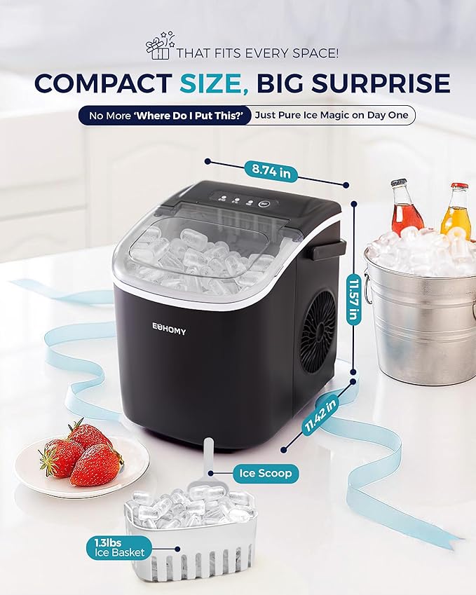 EUHOMY Countertop Ice Maker Machine with Handle, 26lbs in 24Hrs, 9 Ice Cubes Ready in 6 Mins, Auto-Cleaning Portable Ice Maker with Basket and Scoop, for Home/Kitchen/Camping/RV. (Black)-Ruum Studio Home