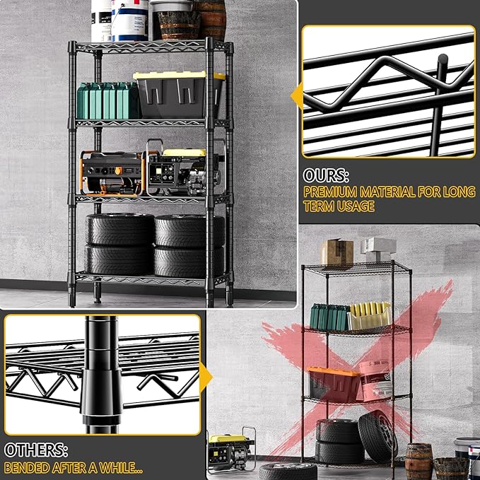 1000 lbs 4 Tier Shelf Metal Storage Shelves Wire Rack Closet Organizers for Garage Kitchen Bathroom Laundry Black 11.8" D x 25.6" W x 45.5" H-Ruum Studio Home