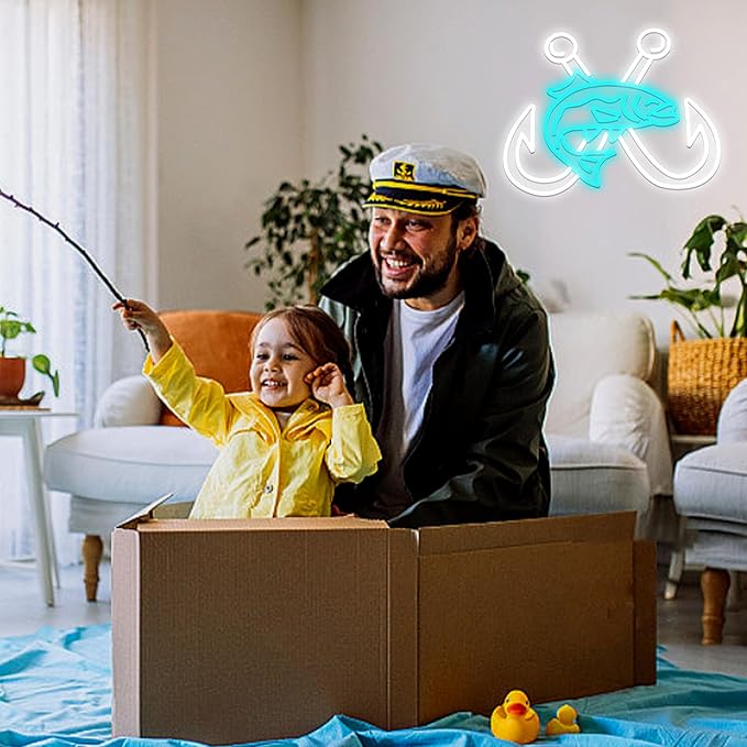 LISIGNVE Crossed Fish Hooks Neon Sign Fishing Led Neon Light for Wall Decor Fish On Light up Sign for Fishing Gear Store Yacht Gift for Father Boy(16.5 * 12.6 In)-Ruum Studio Home